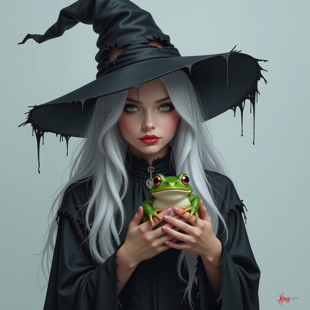 Creepy Witch with Silver Hair and Torn Hat