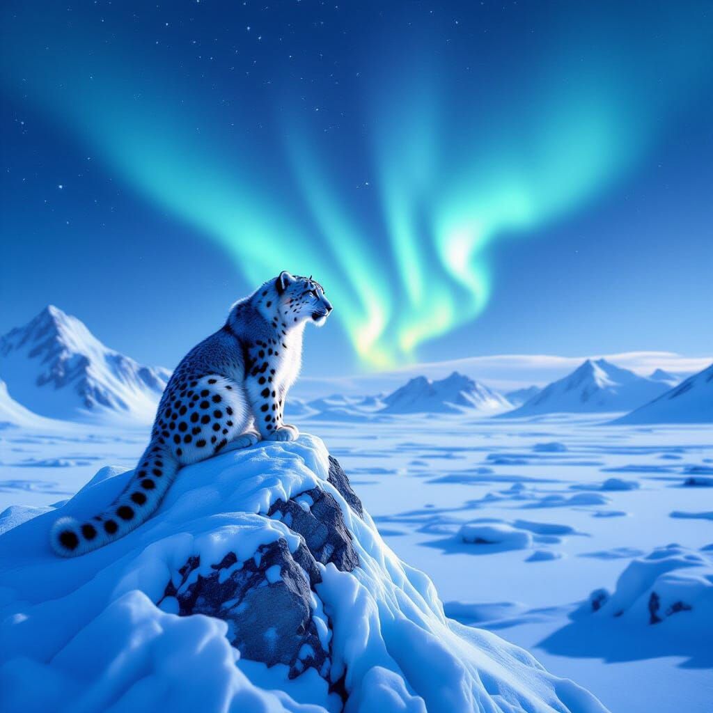 Snow Leopard on Icy Peak Under Aurora Borealis