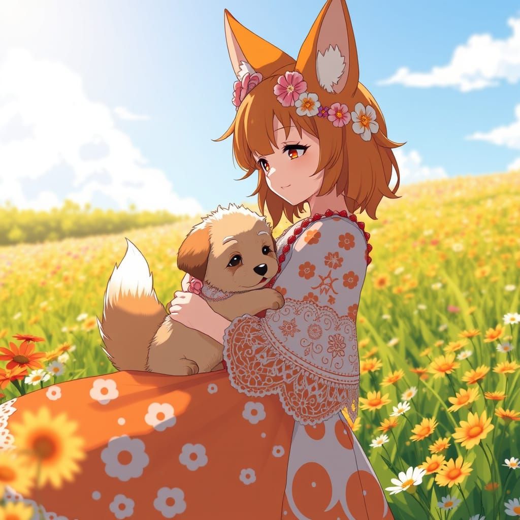 Anime Fox Girl Hugs Adorable Cockapoo Puppy in Vibrant Flora...