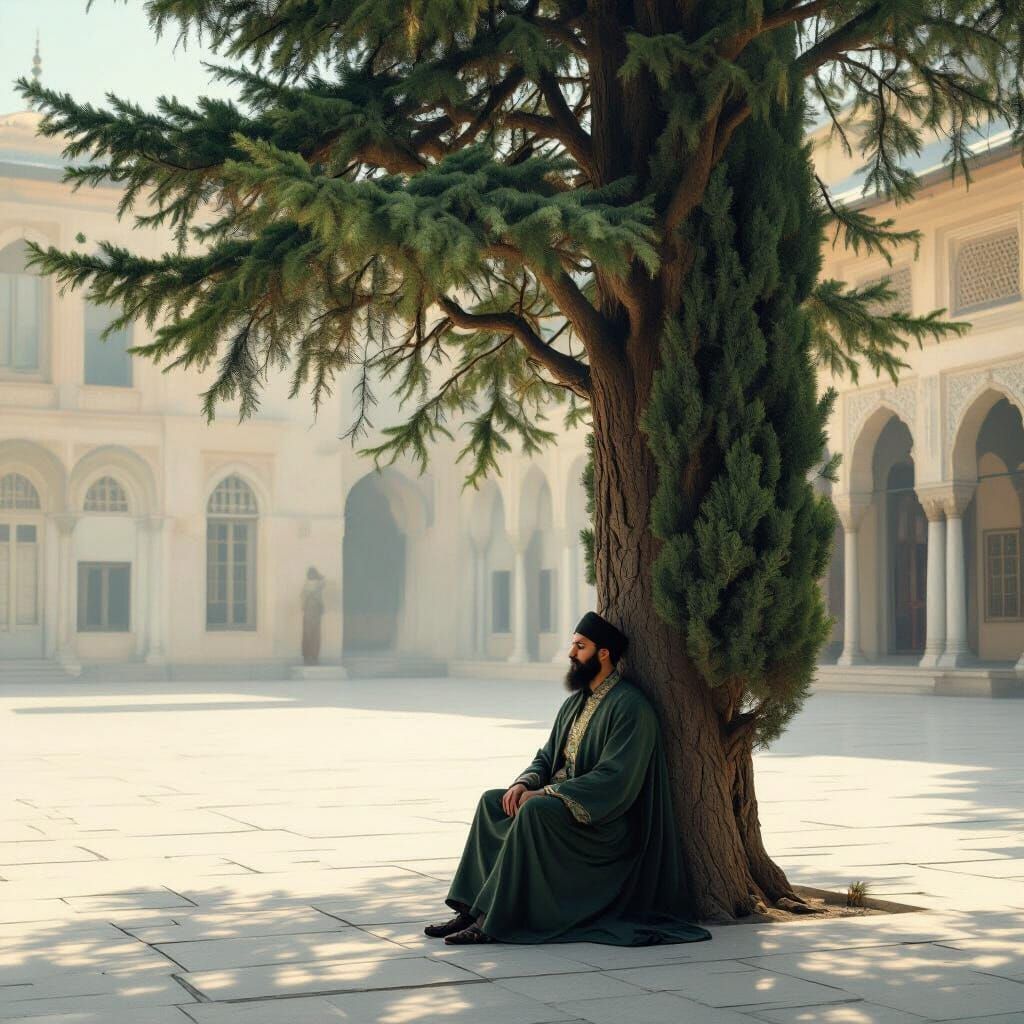 Sultan Leans on Cypress Tree in Serene Palace Courtyard