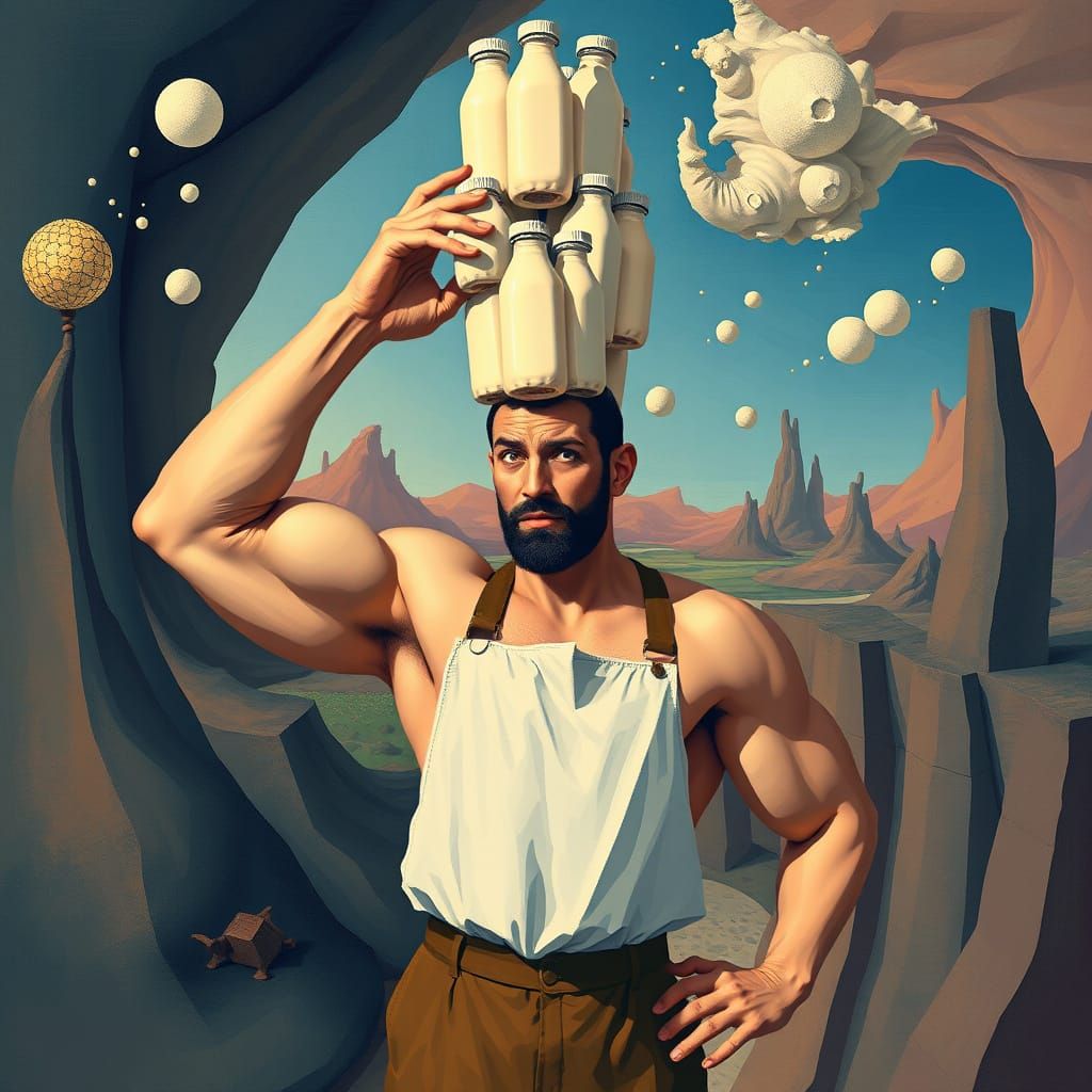 Surreal Milkman Balances Pixelated Tower in Dreamscape