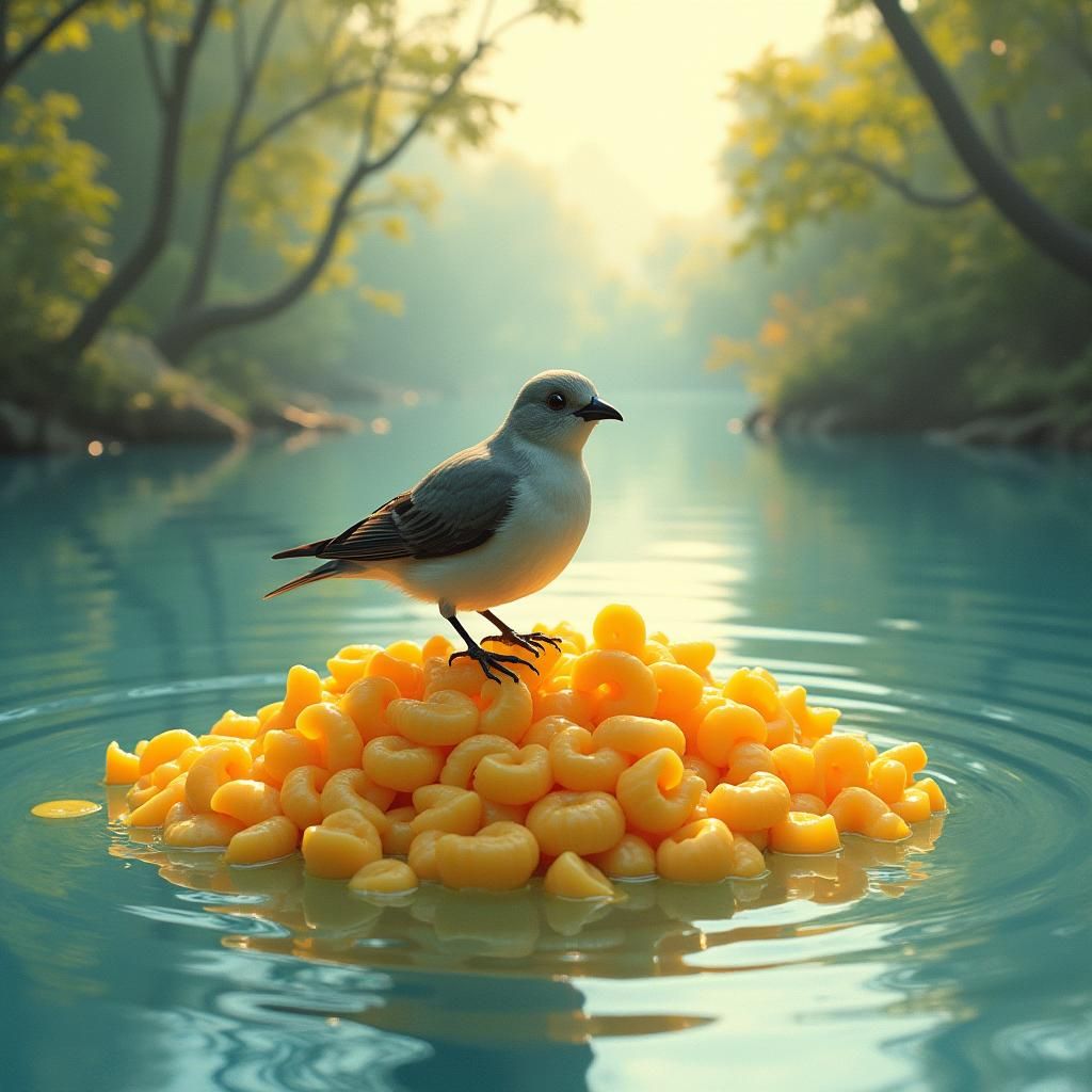 Bird Fishing From Mac and Cheese Bed, Miyazaki Style