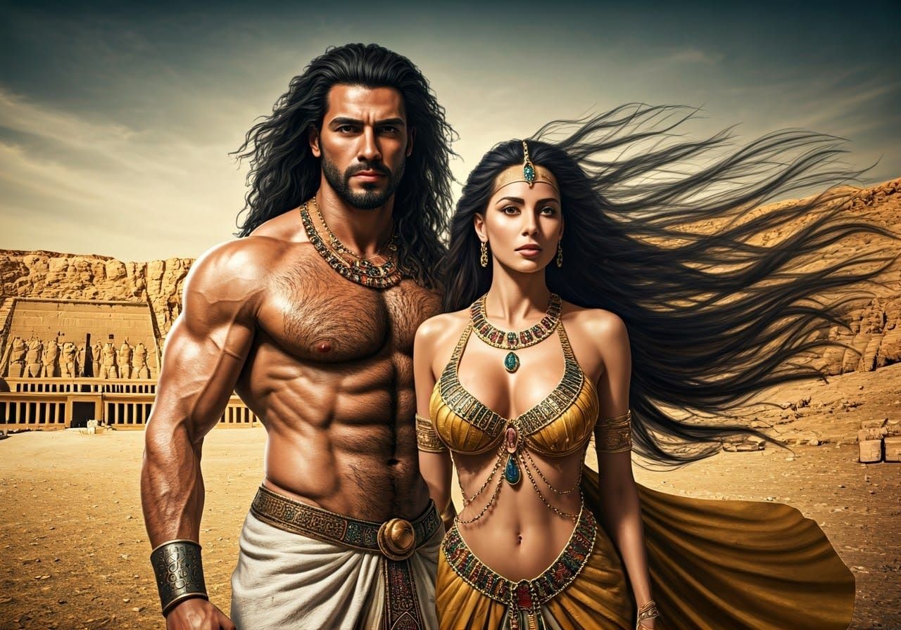 Egyptian Pharaoh and Queen in Windy Desert