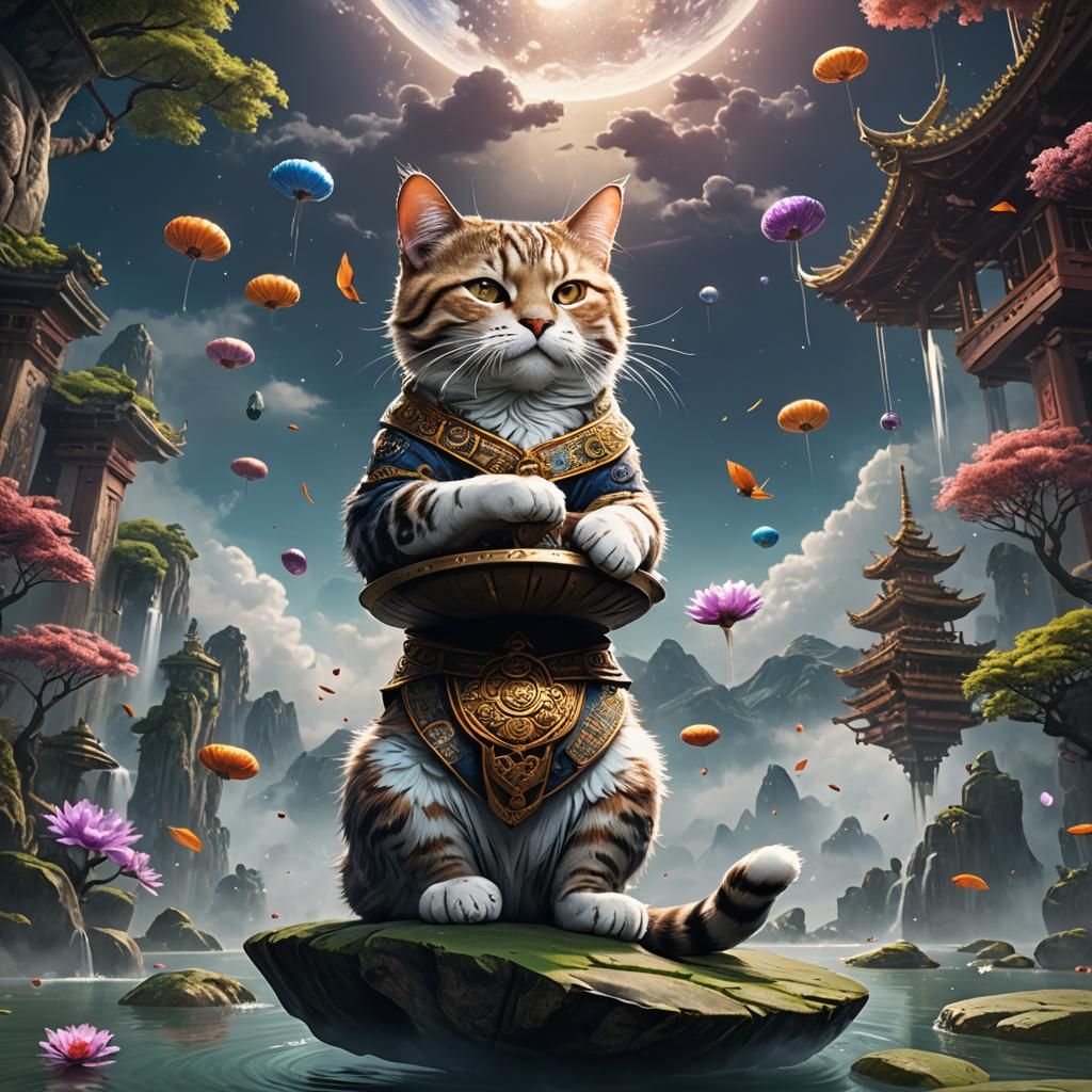 Zen Cat Meditation: Detailed Matte Painting