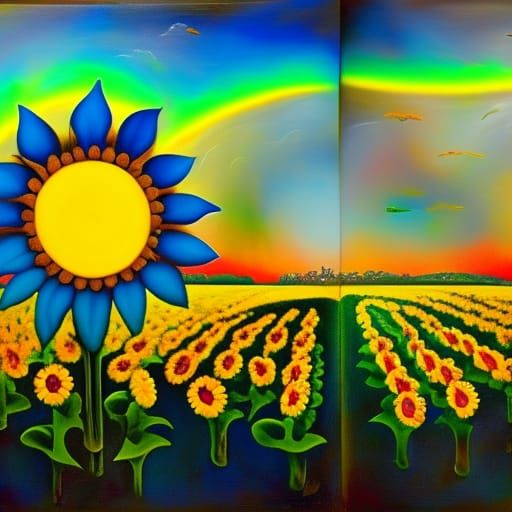 Double Rainbow Sunflower Field in Dali Surrealism