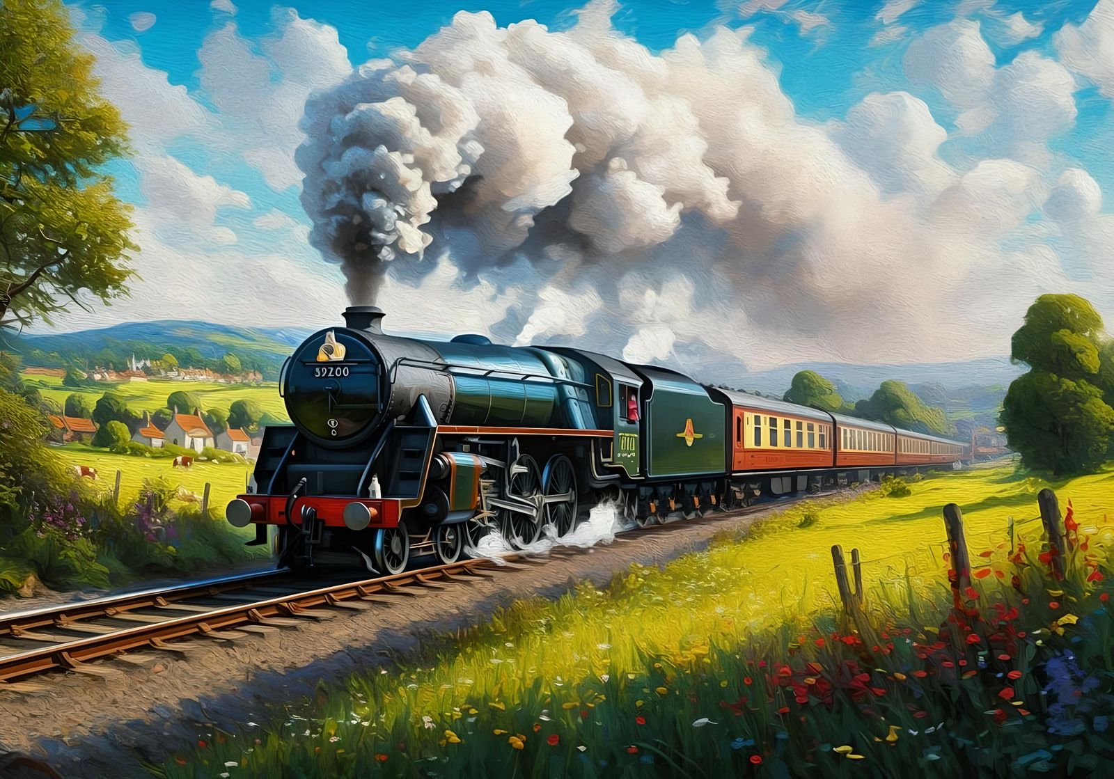 Steam Train Through Countryside as Impasto Painting