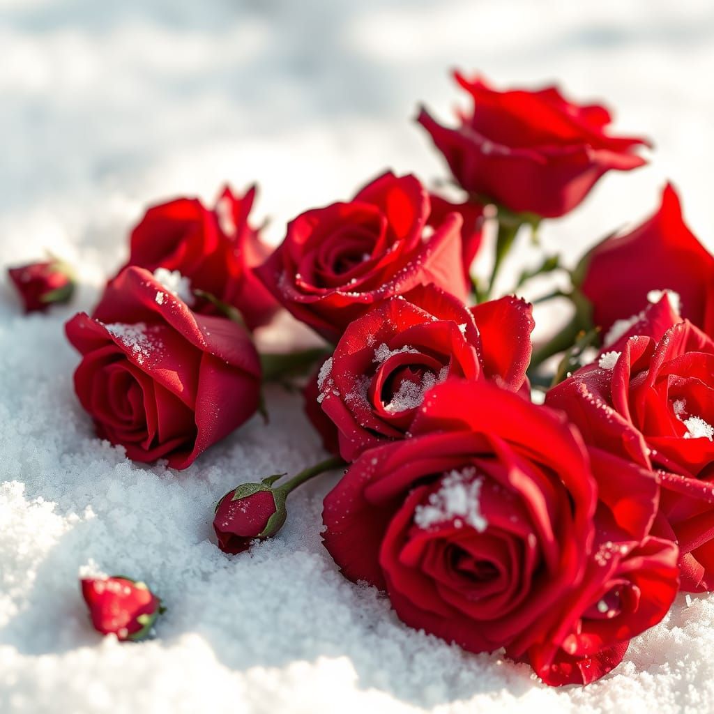 Romantic Red Roses on Snowy Blanket in Dreamy Bokeh