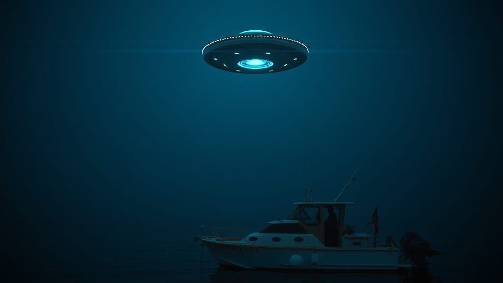 UFO Hovers Over Lone Fishing Boat in Cinematic Night Scene