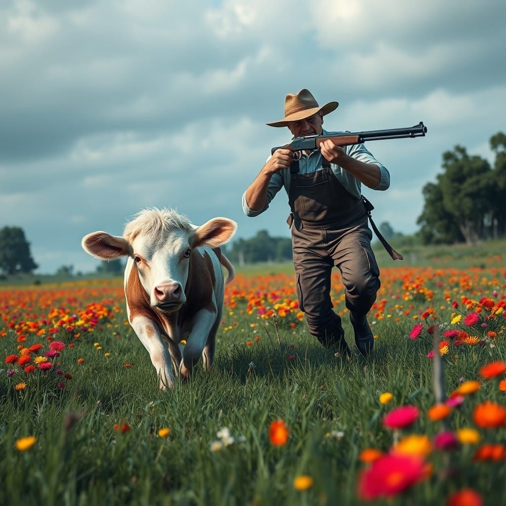 Terrified Cow Running from Farmer in Eerie Meadow
