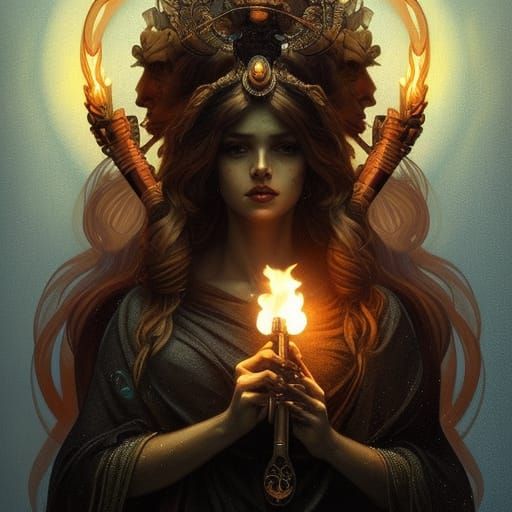 Hecate Goddess Portrait in Hyperdetailed Art Nouveau Style