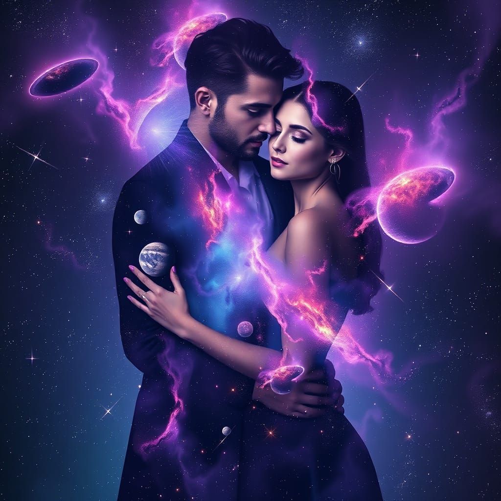 Couple Embracing Under a Universe of Stars