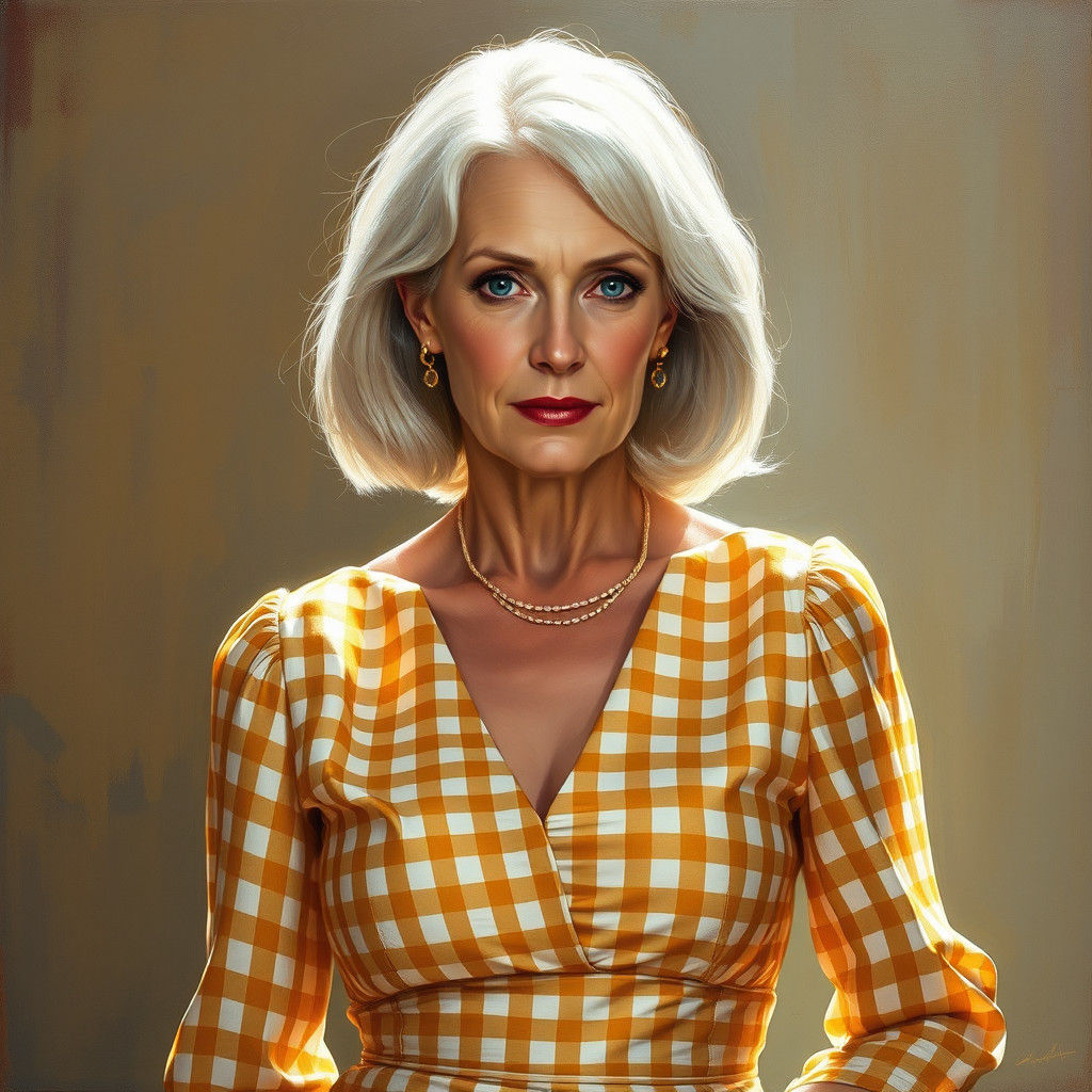 A 49 year old lady with white-blonde hair and blue eyes wear...