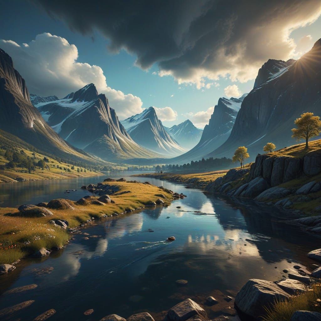 Fantasy Norway Landscape Collage: Mountains, Lakes & Farmlan...