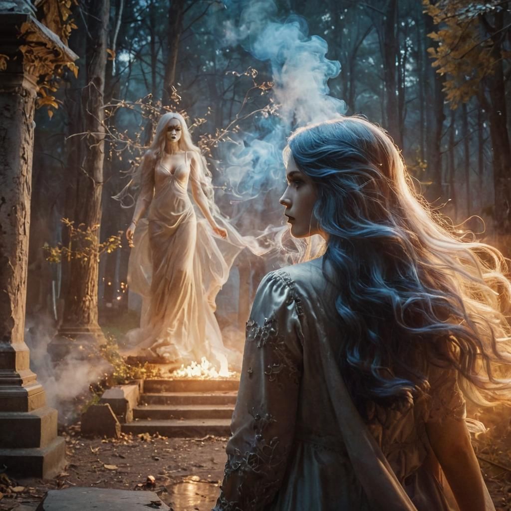 Ethereal Woman and Ghost in Dark Forest Photo