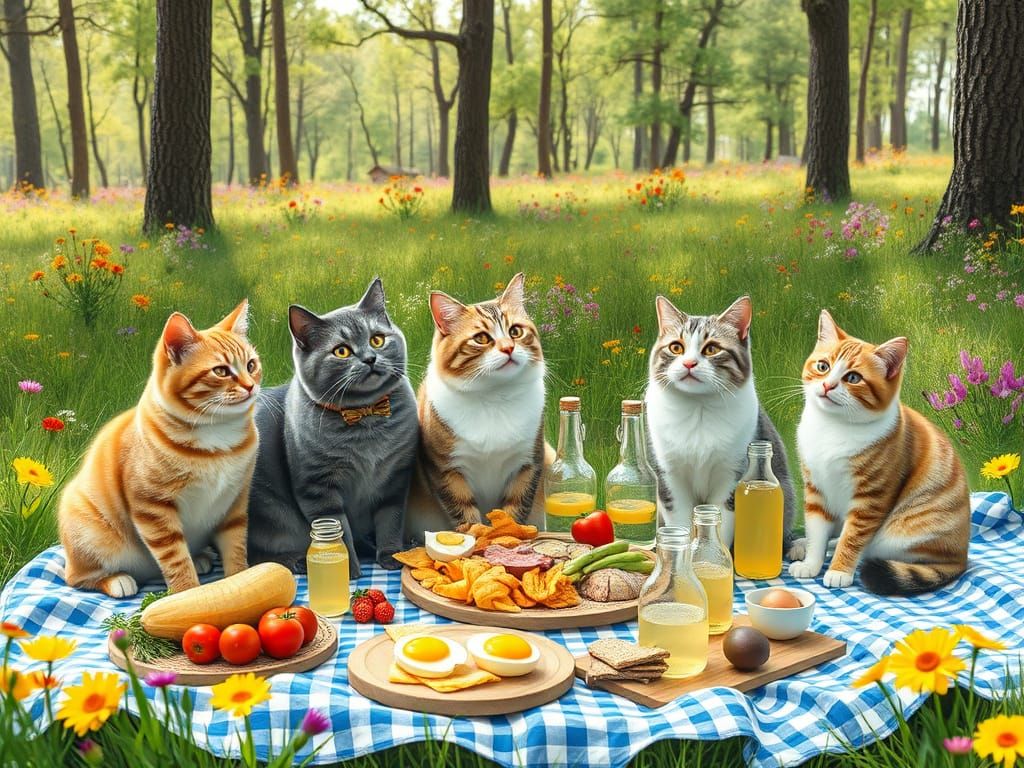 Cats' Picnic in Lush Meadow, Realistic Style