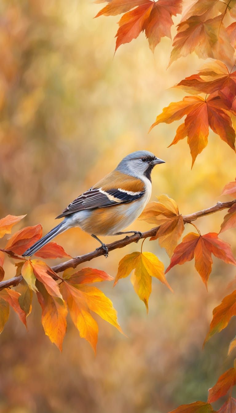 Golden Autumn Leaves and Finches in Impressionist Style