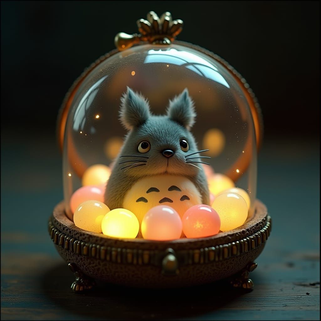 Mini Totoro with Glowing Eggs in Glass Box