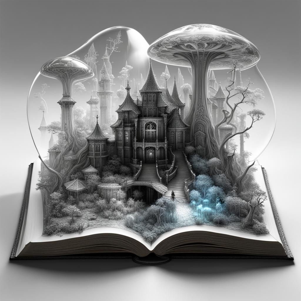 Surreal 3D Fairy Book in Monochrome Landscape
