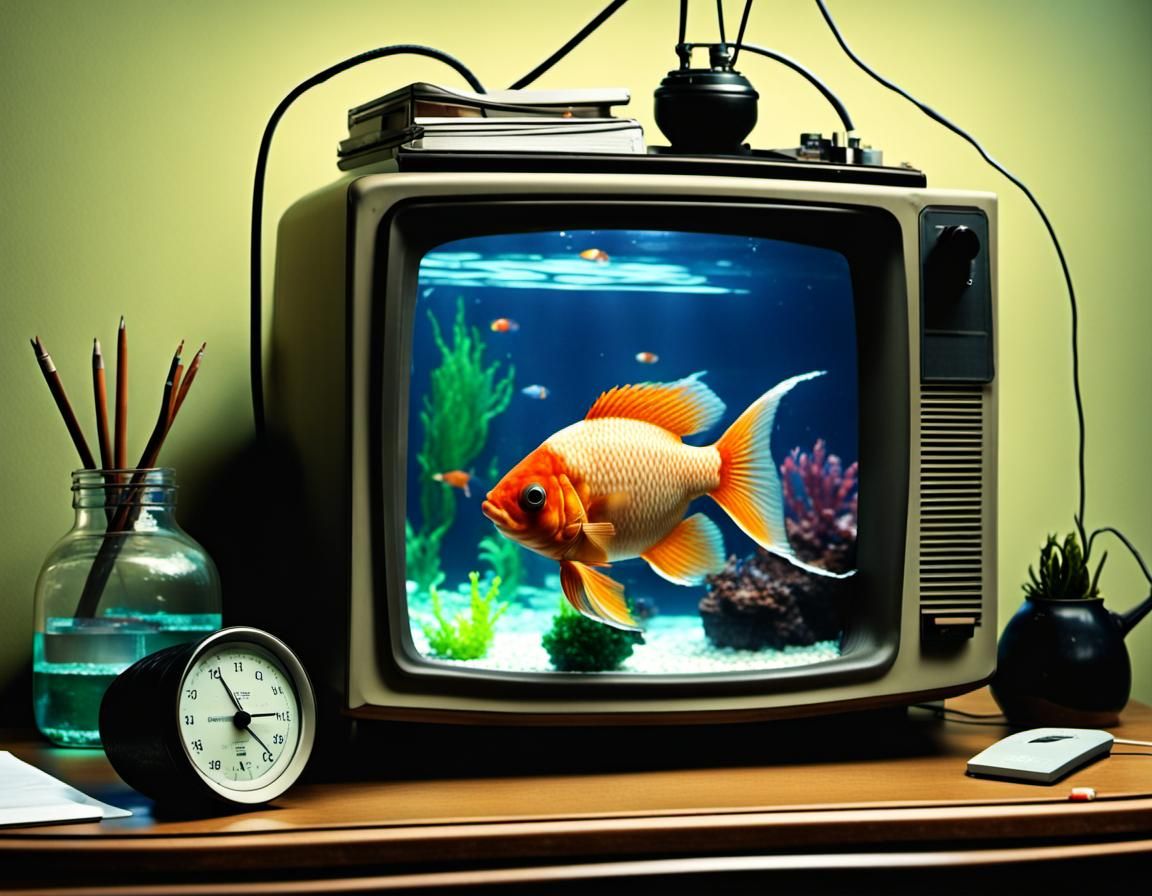 CRT Television Fish Aquarium on Cluttered Desk