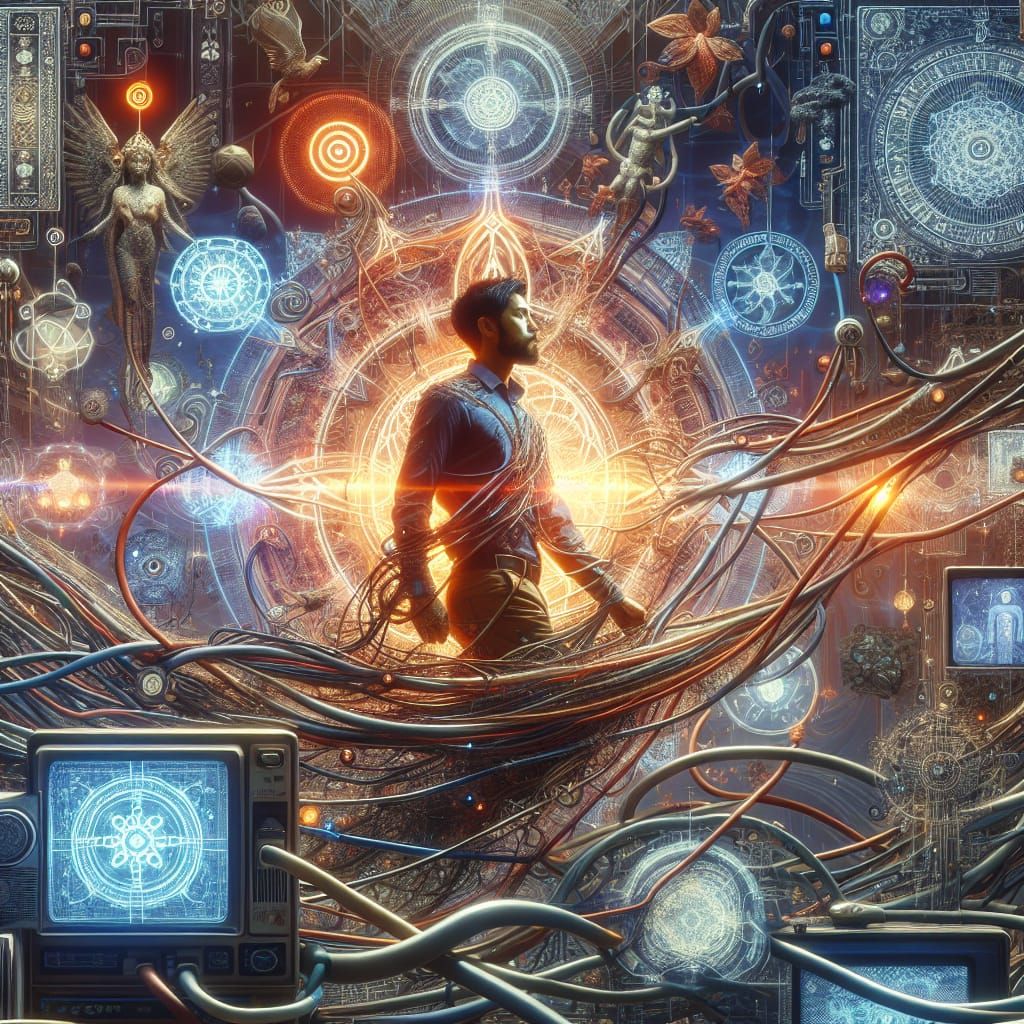 South Asian Cyberpunk Visionary Entwined with Digital Realm
