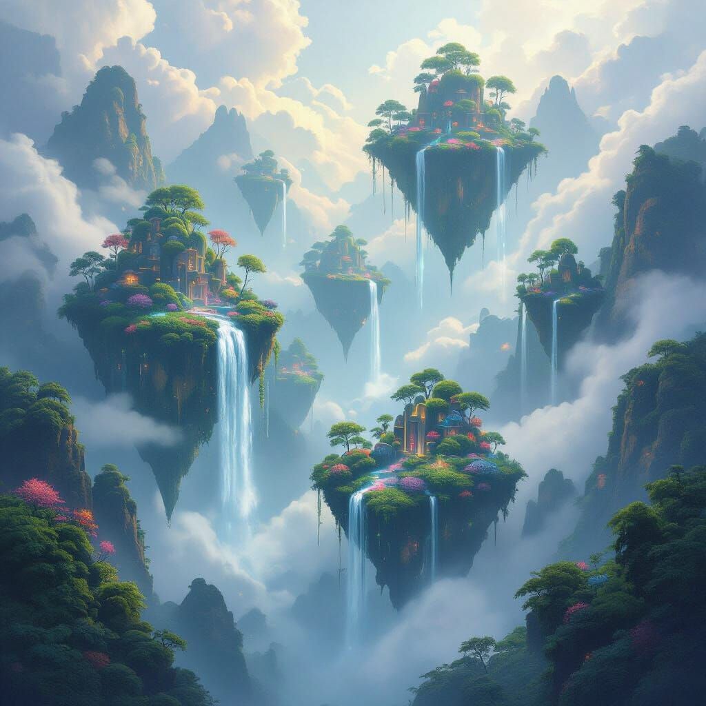 Ethereal Floating Islands with Glowing Flora and Waterfalls