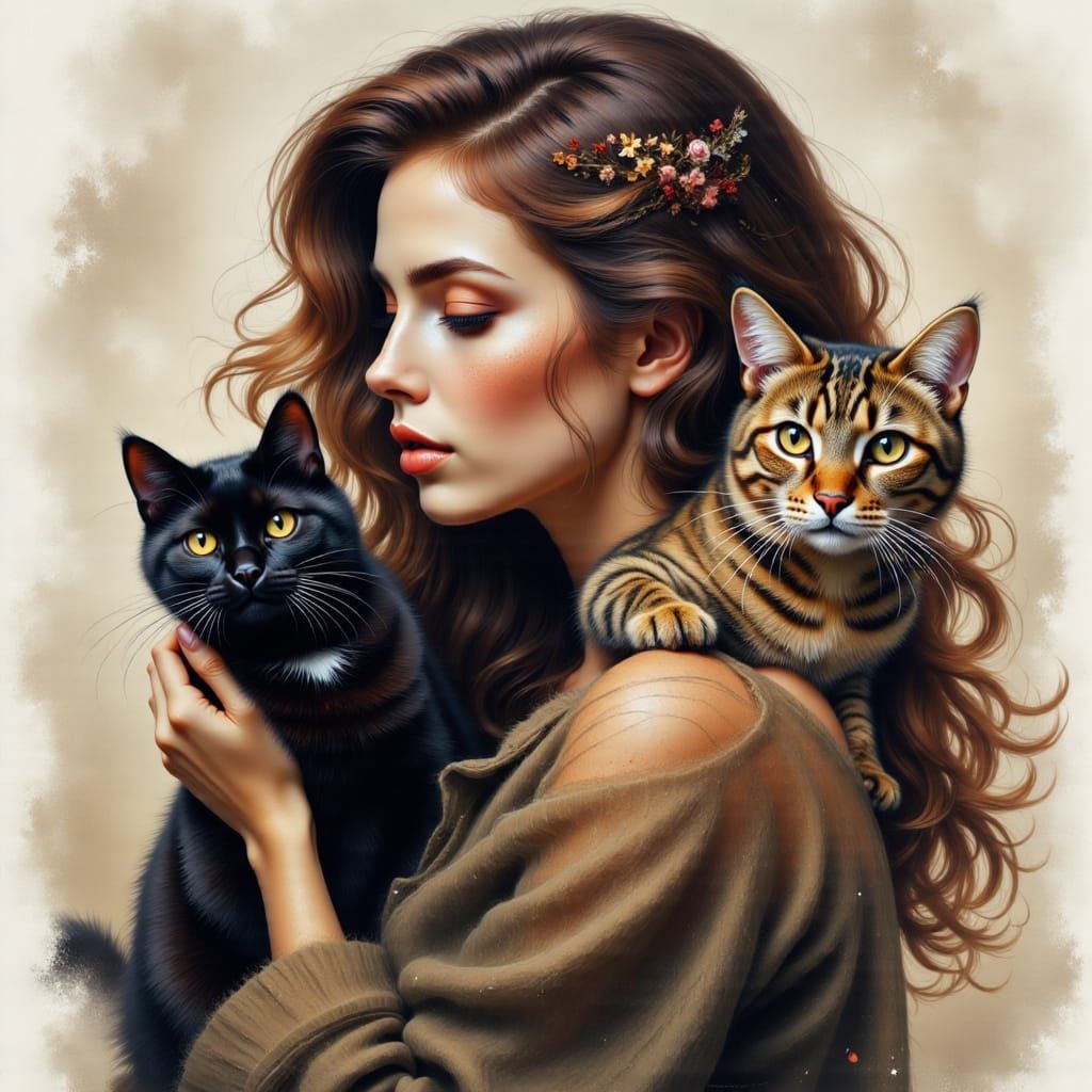 Beautiful Woman with Two Adorable Cats in Whimsical Airbrush...