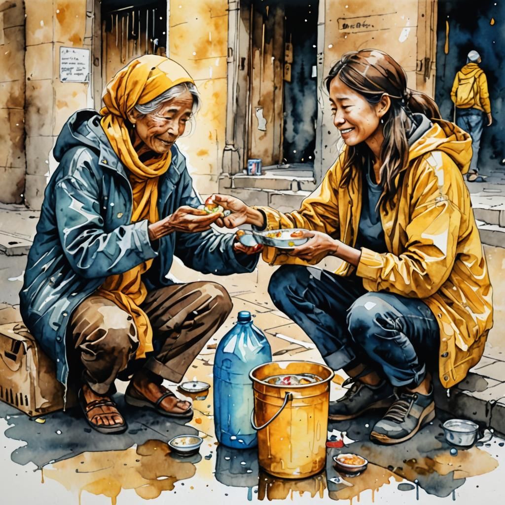 Kind Woman Helping Homeless in Watercolor Art