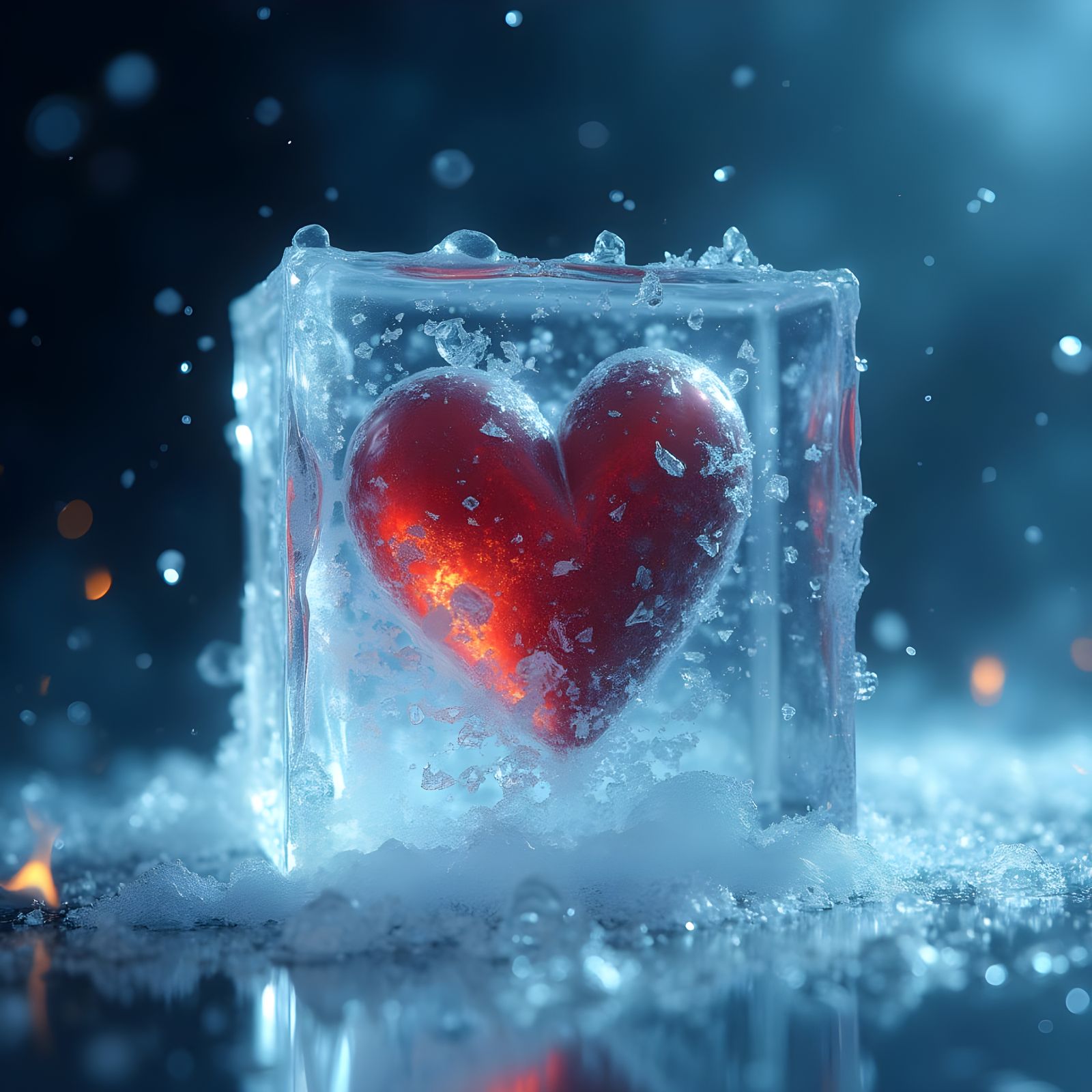 Shattered Heart: Glass Breaking Inside Ice, 3D Render
