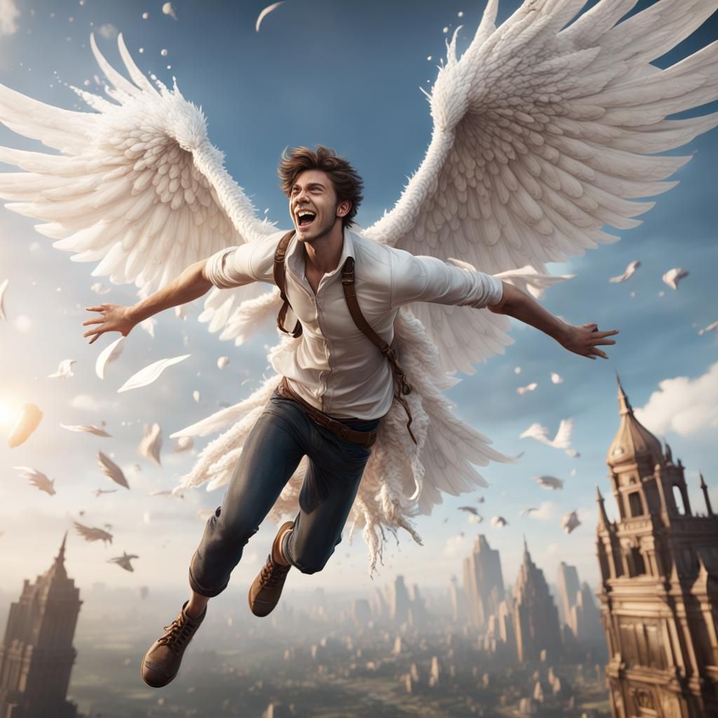 Excited Man Surrounded by Flying Figures in Detailed Digital...