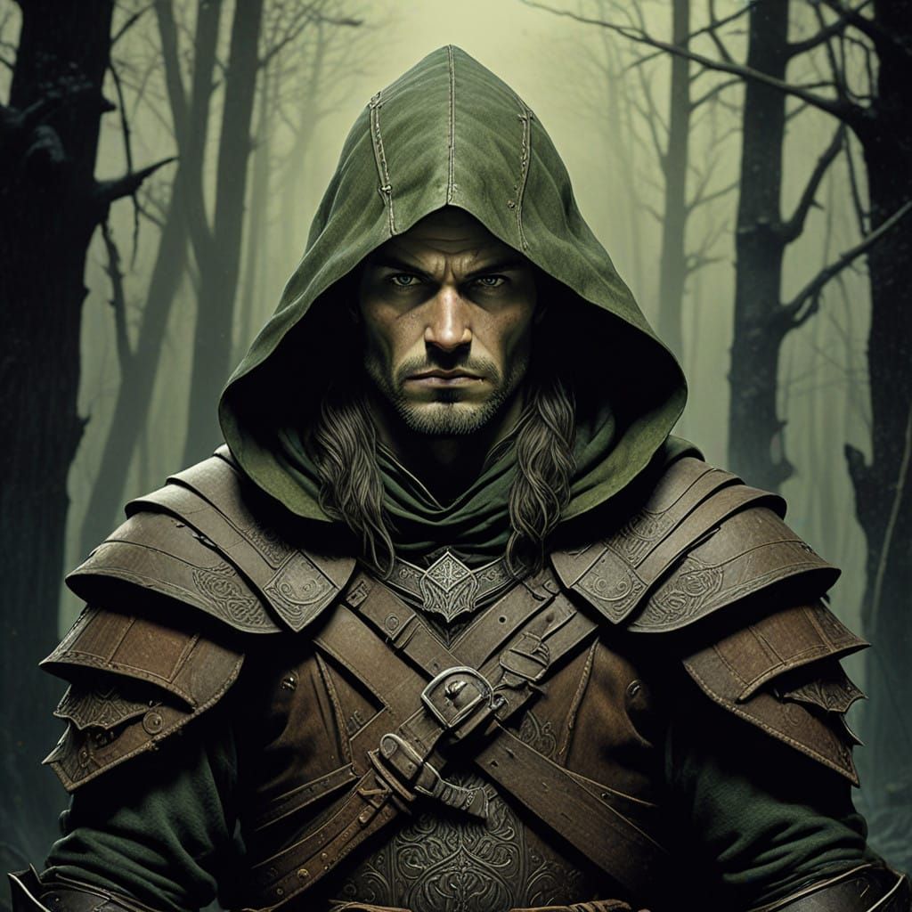 Medieval Ranger in Woodland Scene, Charcoal Drawing