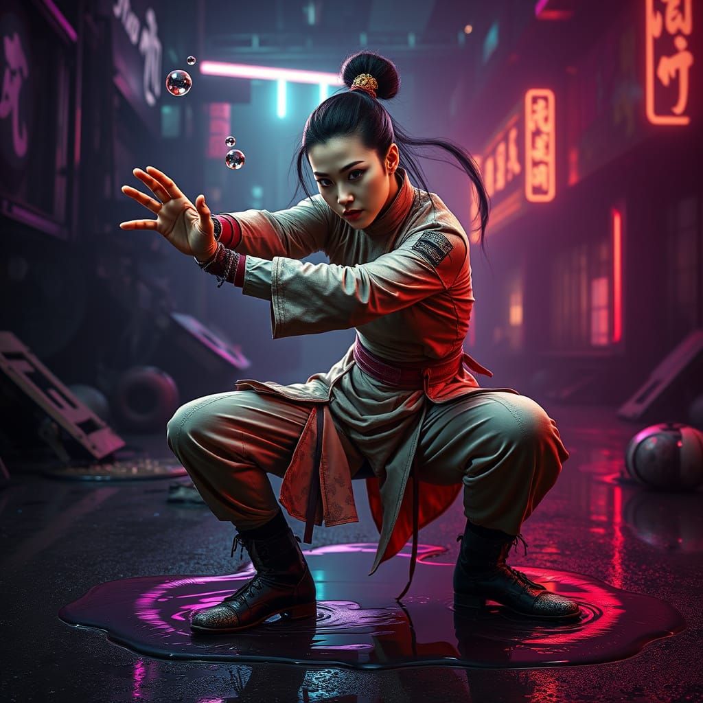 Cyberpunk Kung Fu Master in Combat Squat