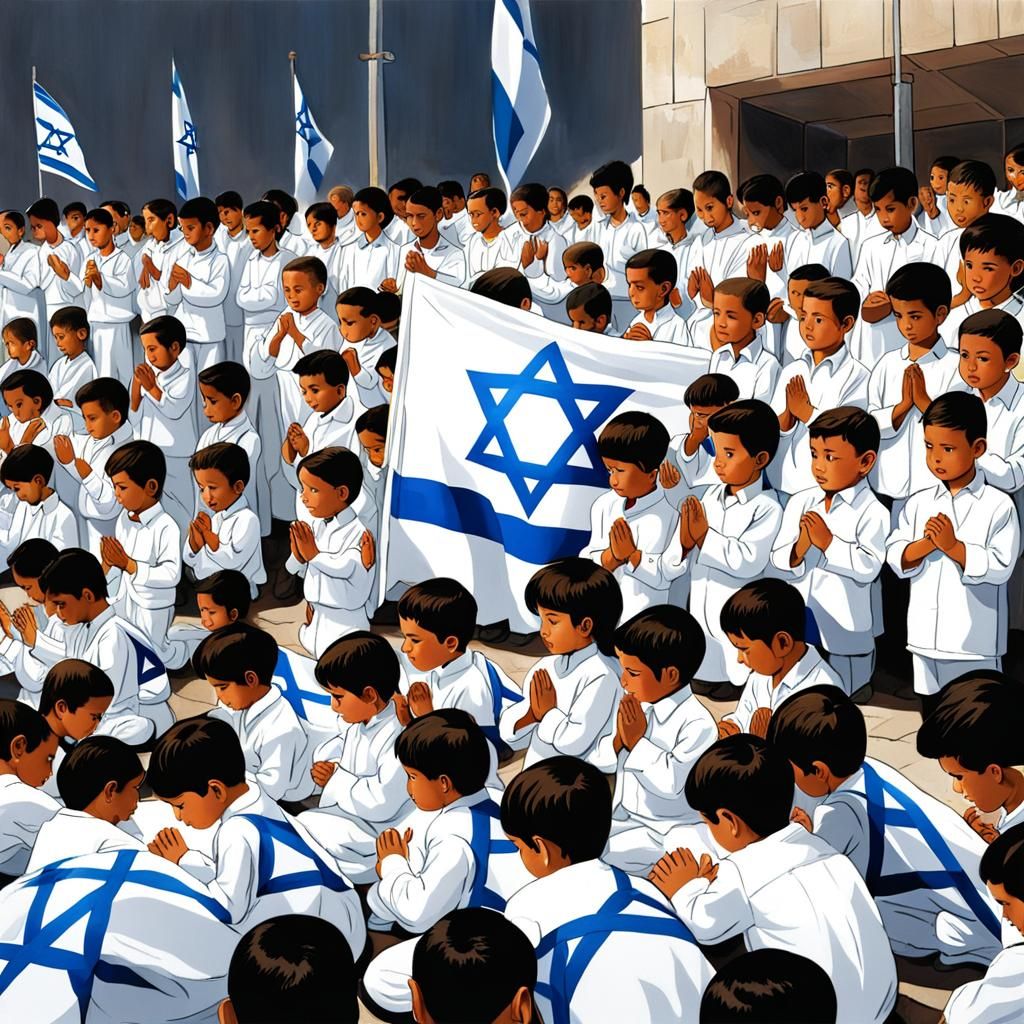 Children Praying Around Israeli Flag