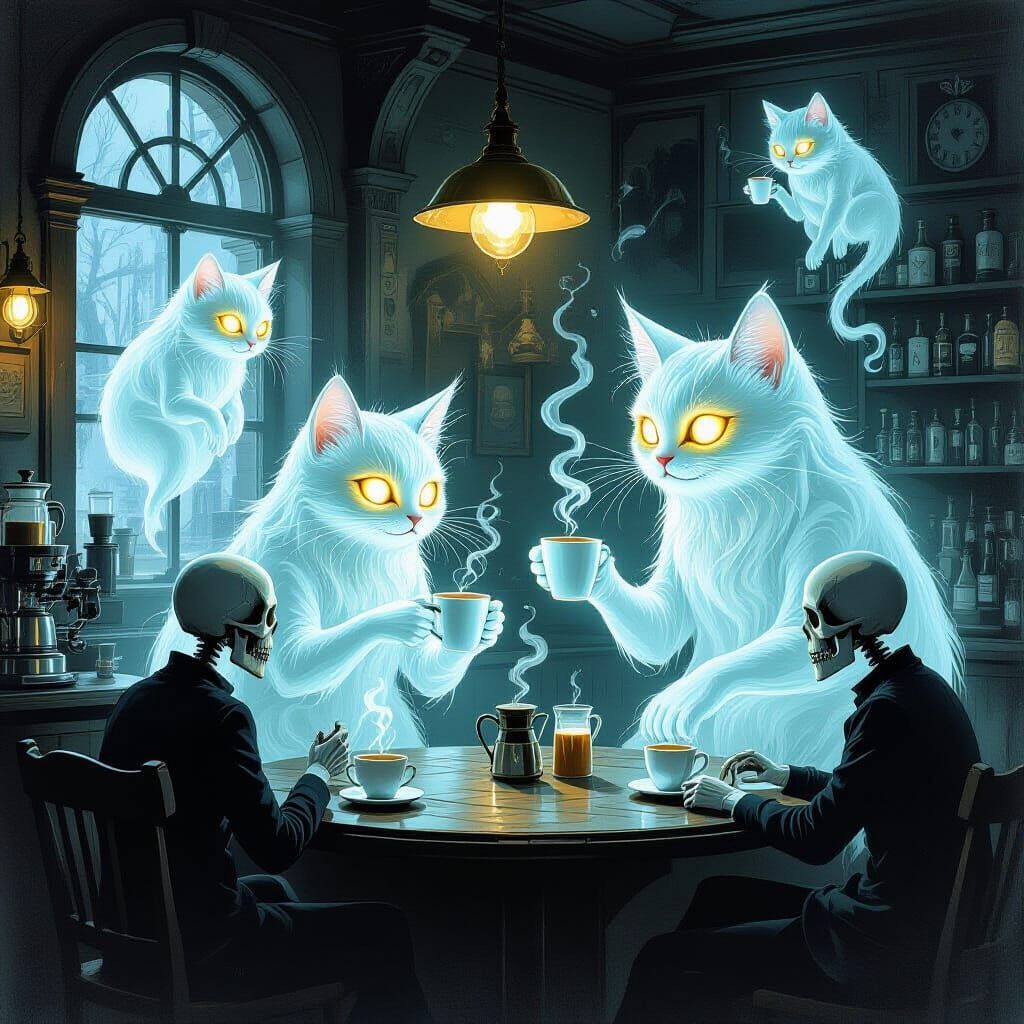 Ethereal Cat Ghost Cafe with Skeletal Patrons