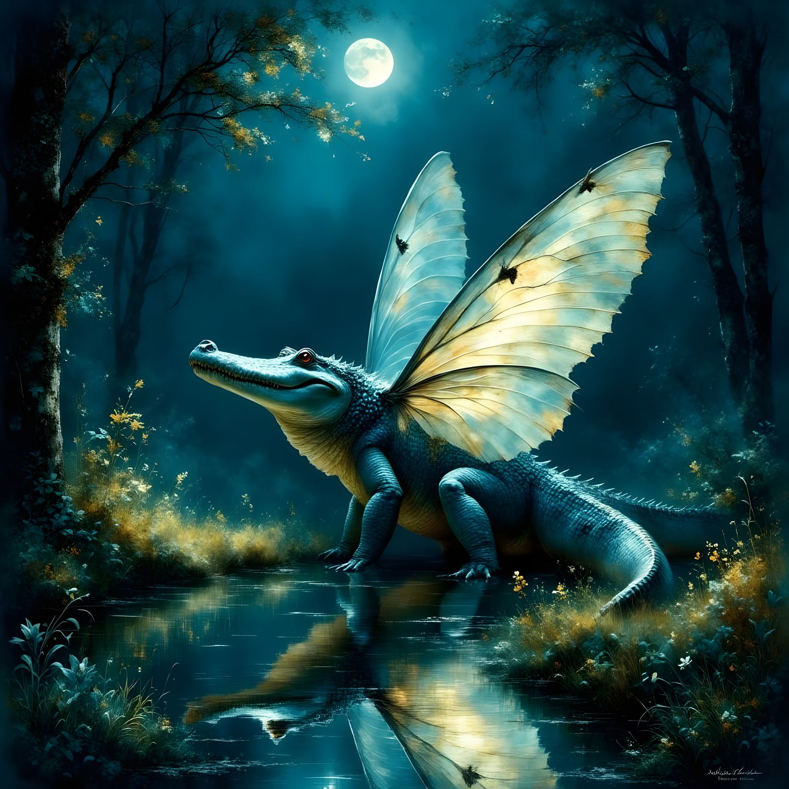 Mothadile: A Crocodile with Ethereal Wings Gliding Under Moo...