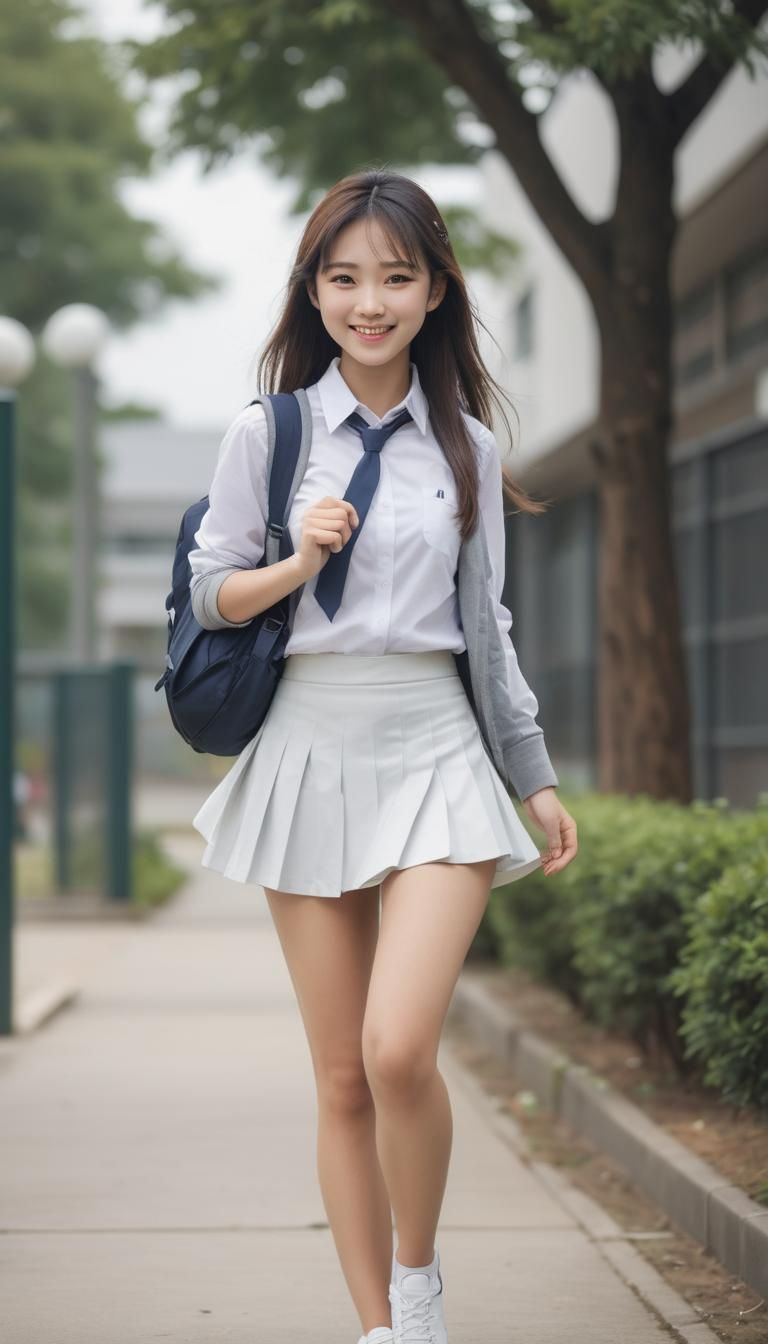 Smiling Asian Schoolgirl in Windy Schoolyard Photo