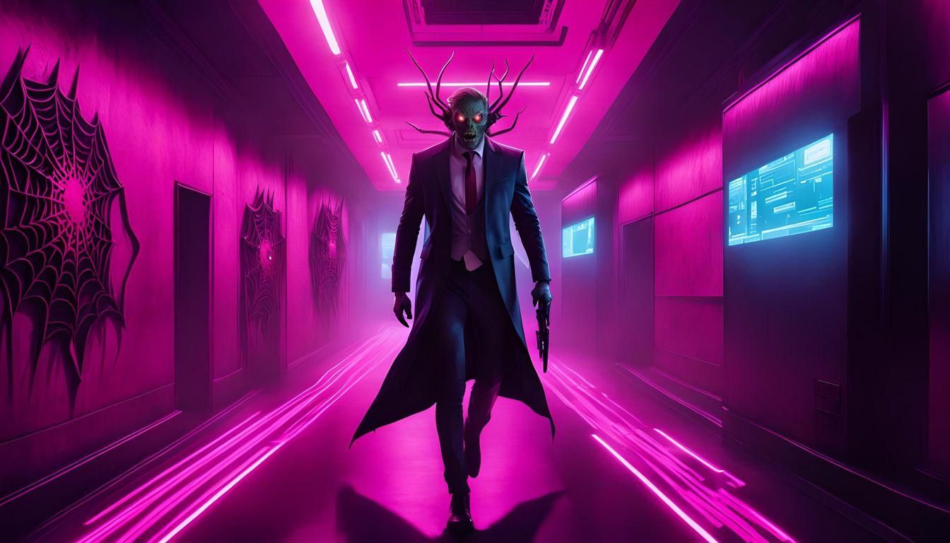 Cyberpunk Nightmare Creature Chasing a Witch