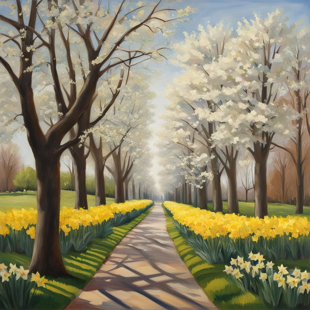 Spring Scene Painting of a Tree-Lined Boulevard