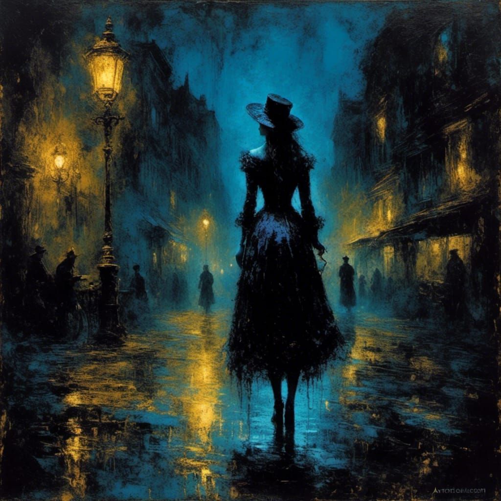 Woman in Victorian Cityscape with Blacklight Glow
