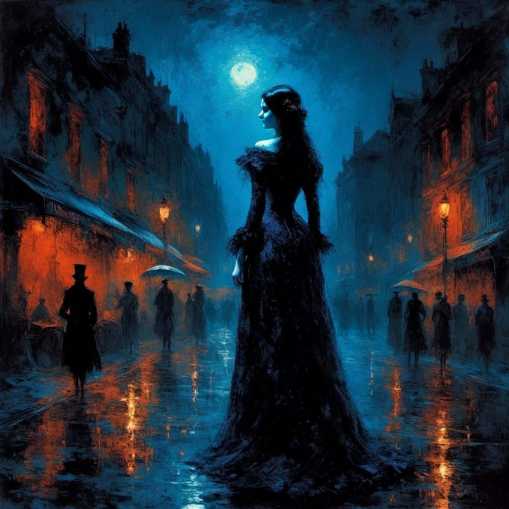 Victorian Woman in Blacklight Cityscape