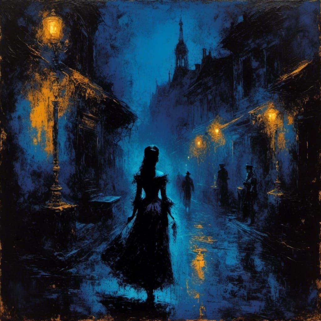 Woman in Victorian Cityscape with Blacklight Glow