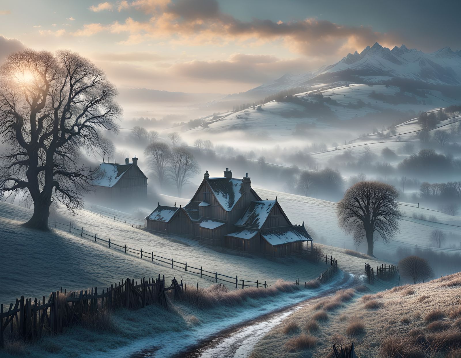 Foggy Wintry Countryside Morning Digital Painting