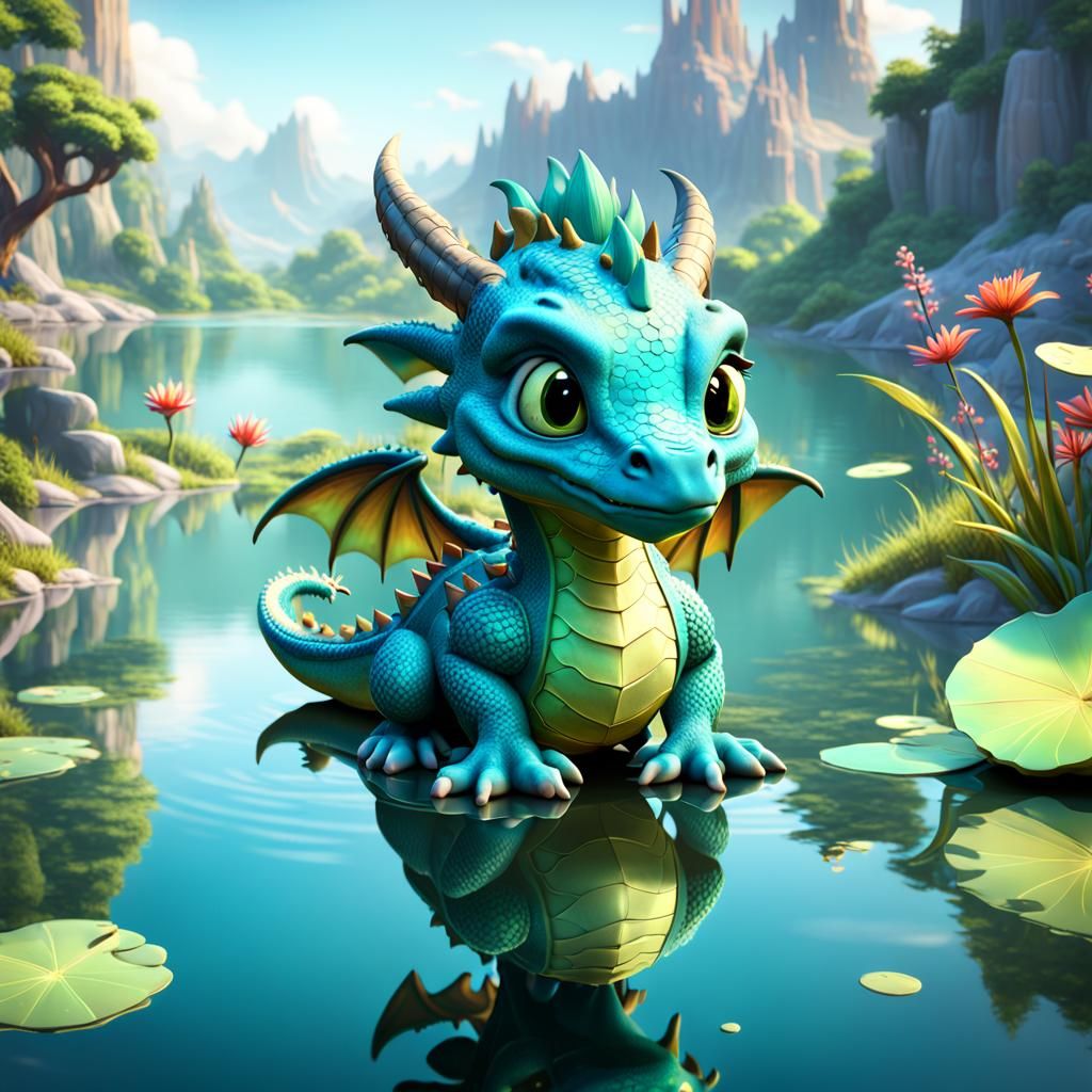 Cute Baby Dragon Reflection in 3D Cartoon Style