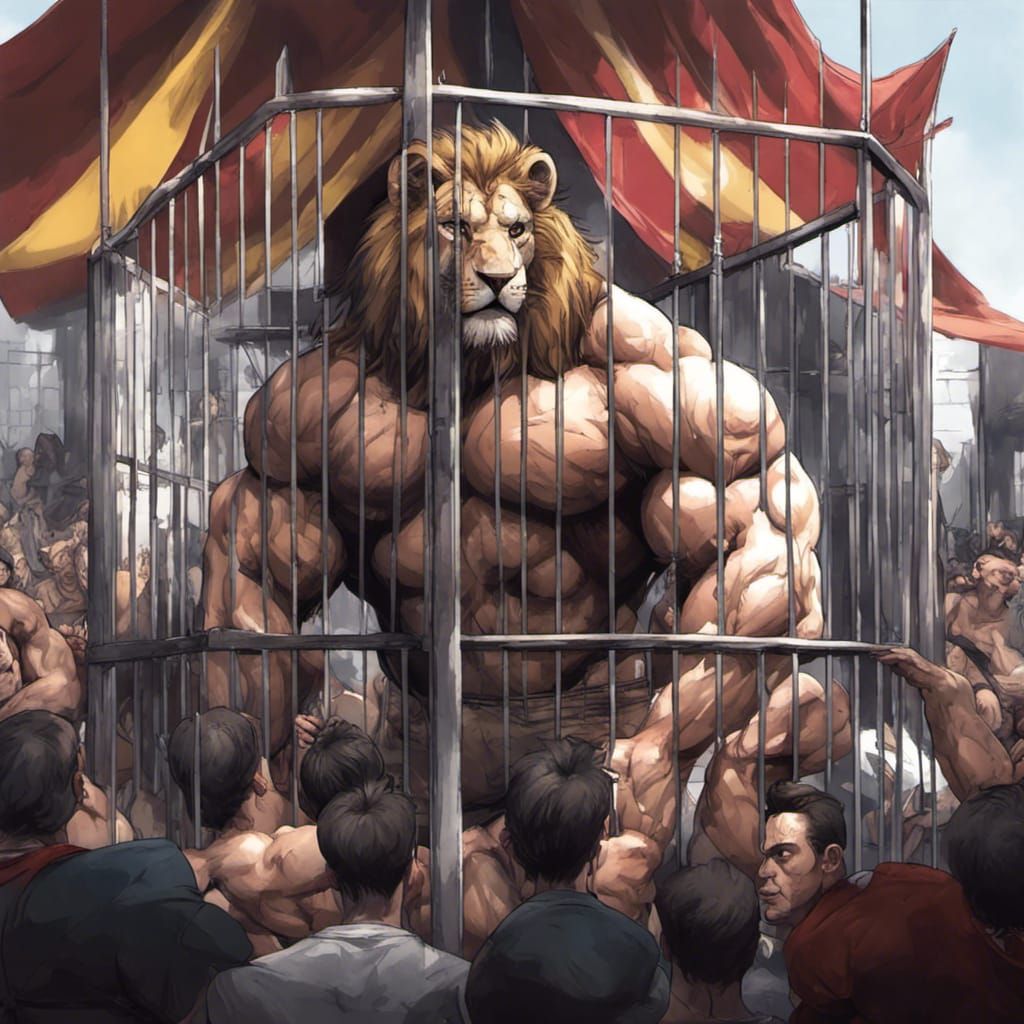 Bodybuilder Lion Behind Bars in Comic Art Style