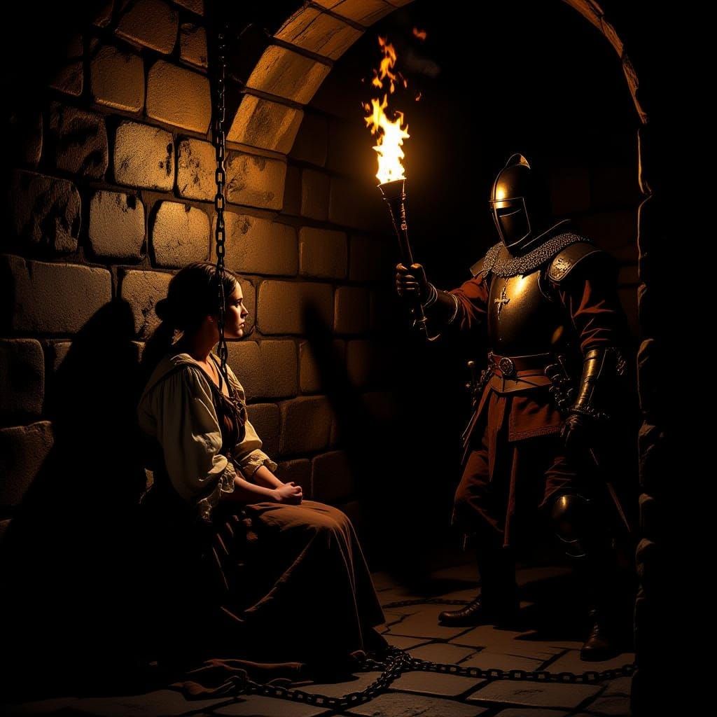 Woman Defies Inquisition Guard in Dark Dungeon