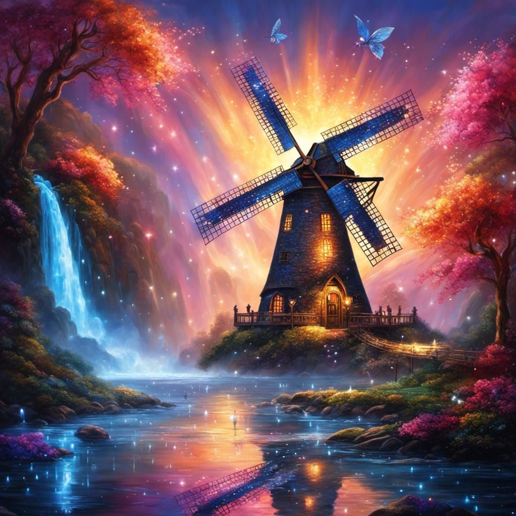 Jewel Windmill Under Diamond Waterfall With Fairies