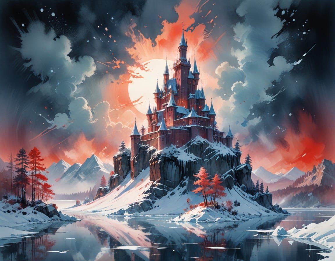 Winter Castle on Frozen Lake: Digital Matte Painting