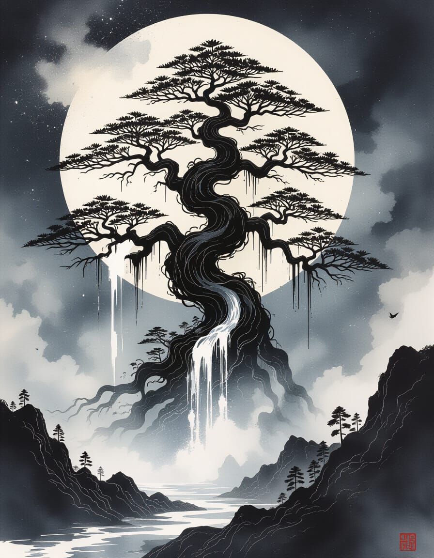 Yggdrasil: Surreal Ink Drawing Against Cosmic Background