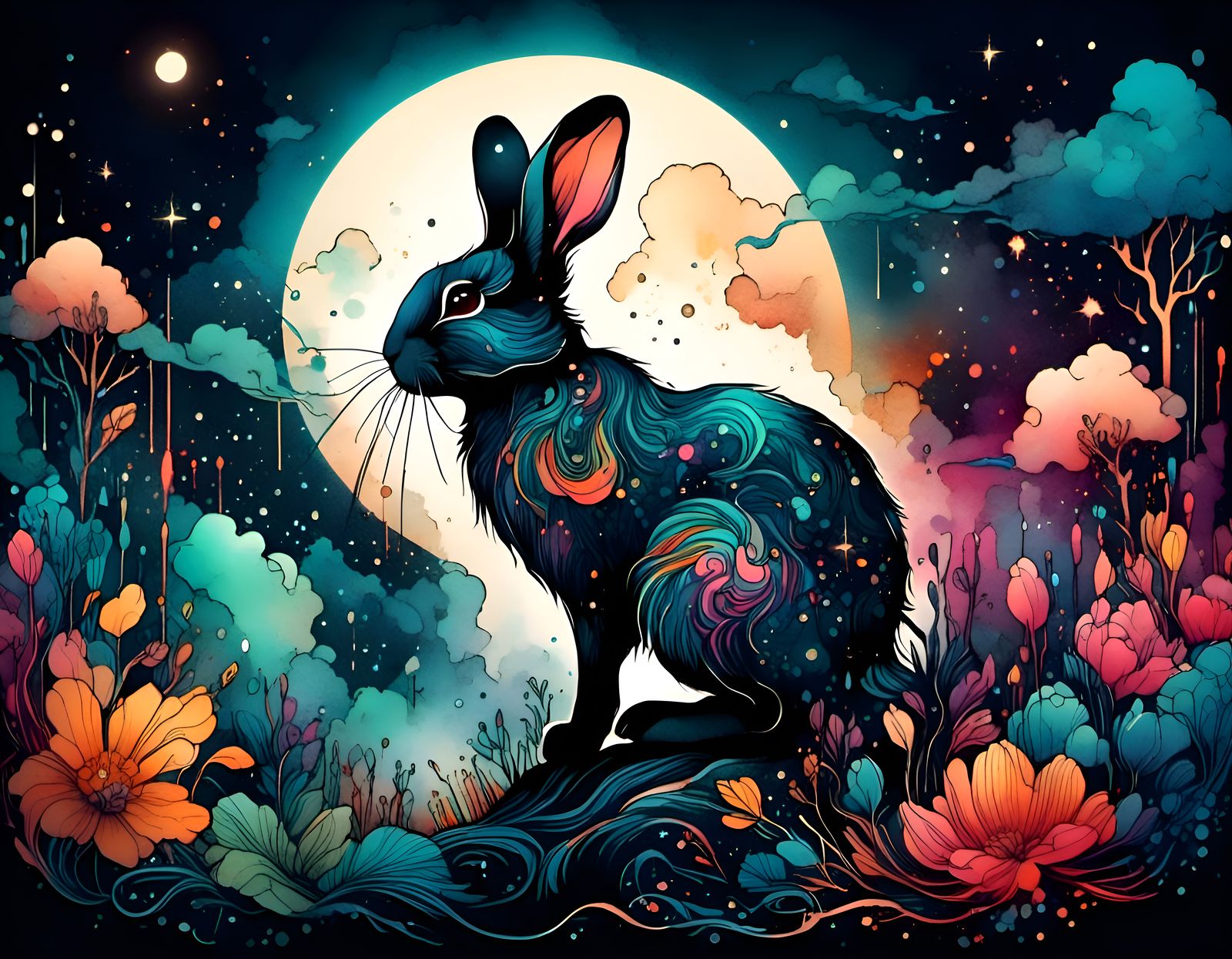 Colorful Cosmic Rabbit Tattoo Design in Ink Line Art