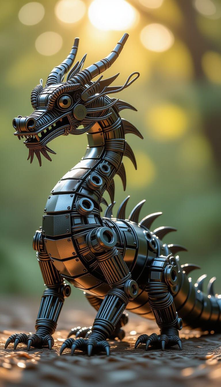 Abstract Scrap Metal Dragon Sculpture in Natural Light