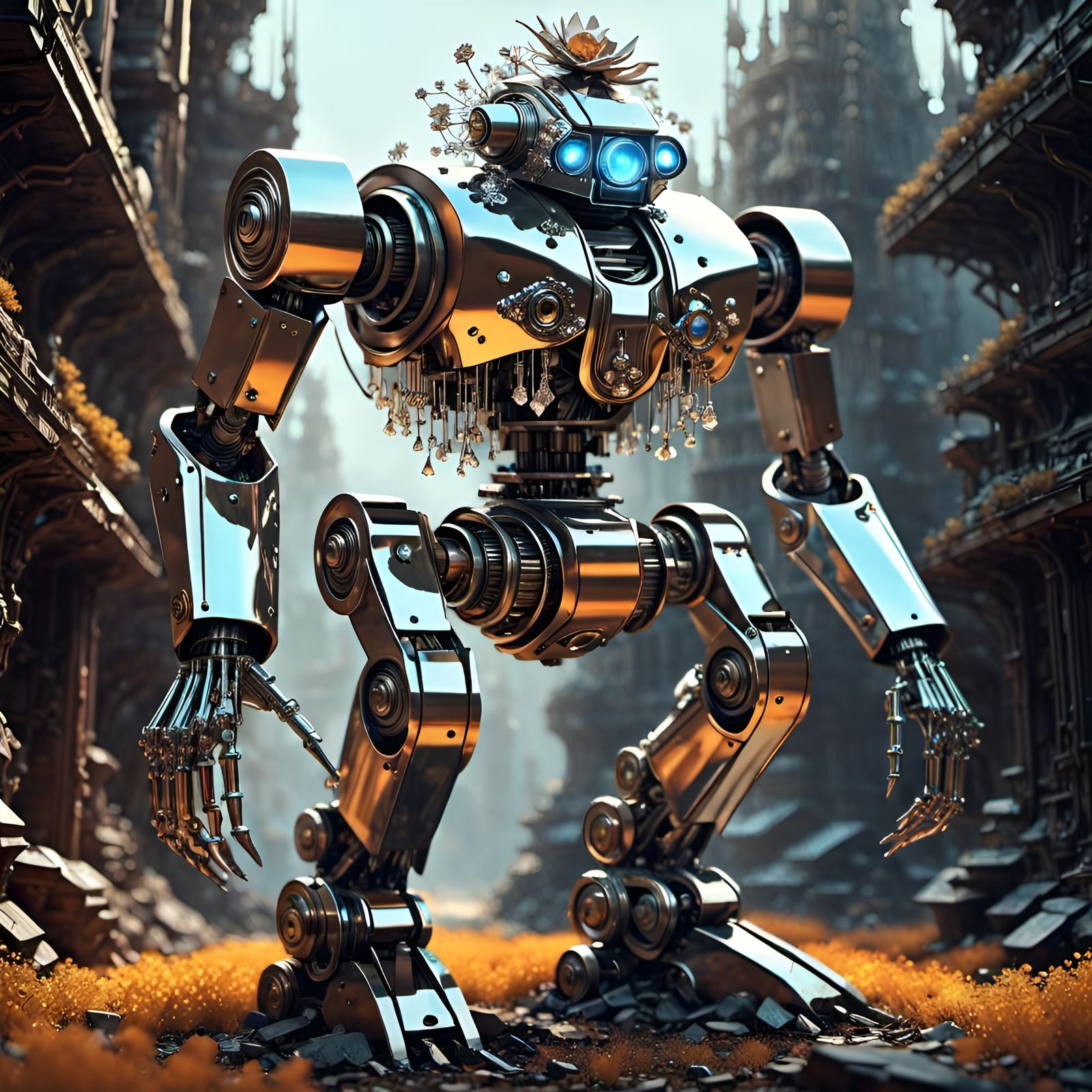 Crystallized Metallic Robot in Surreal Style